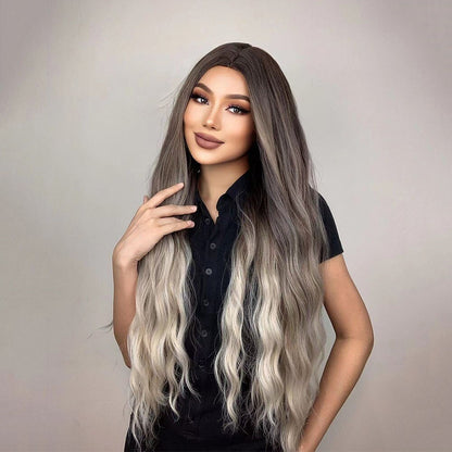 Ombre Silver Ash Long Curly Wavy Synthetic Wig