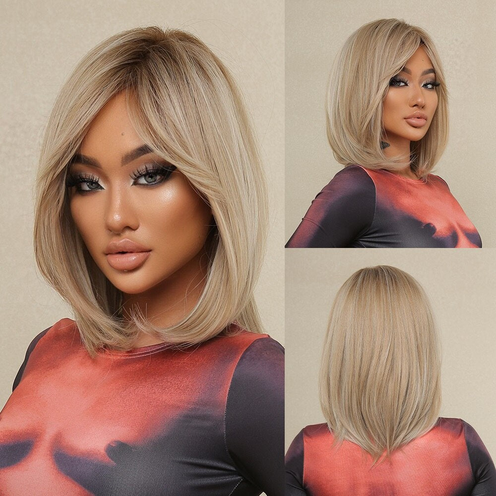 Orange Ombre Brown Short Straight Synthetic Wigs with Bangs