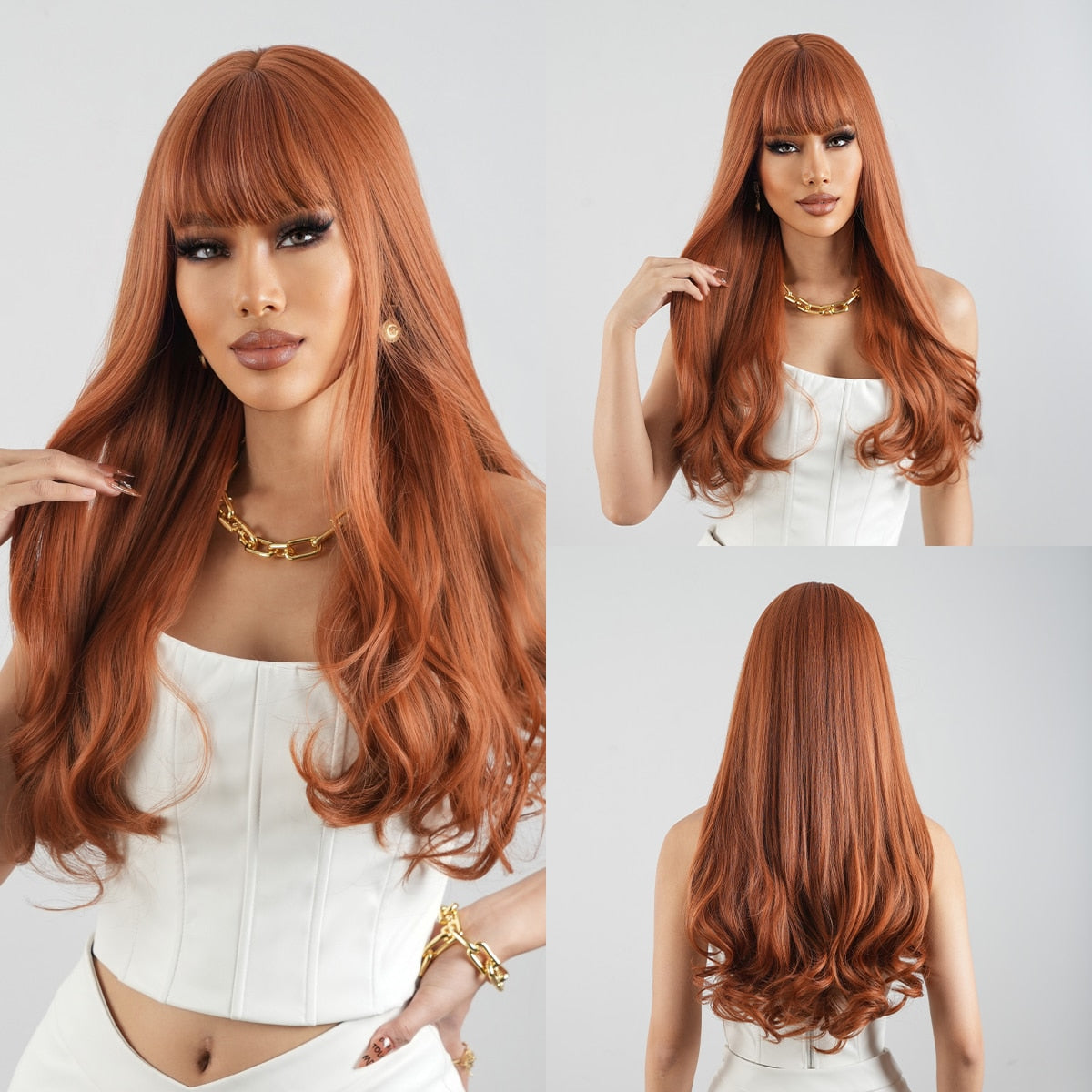 Dark Ombre Wine Red Brown Synthetic Long Wavy Wigs with Bangs