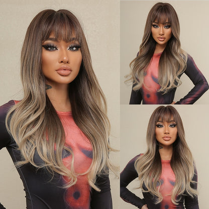 Long Black Wavy Synthetic Wigs with Bangs