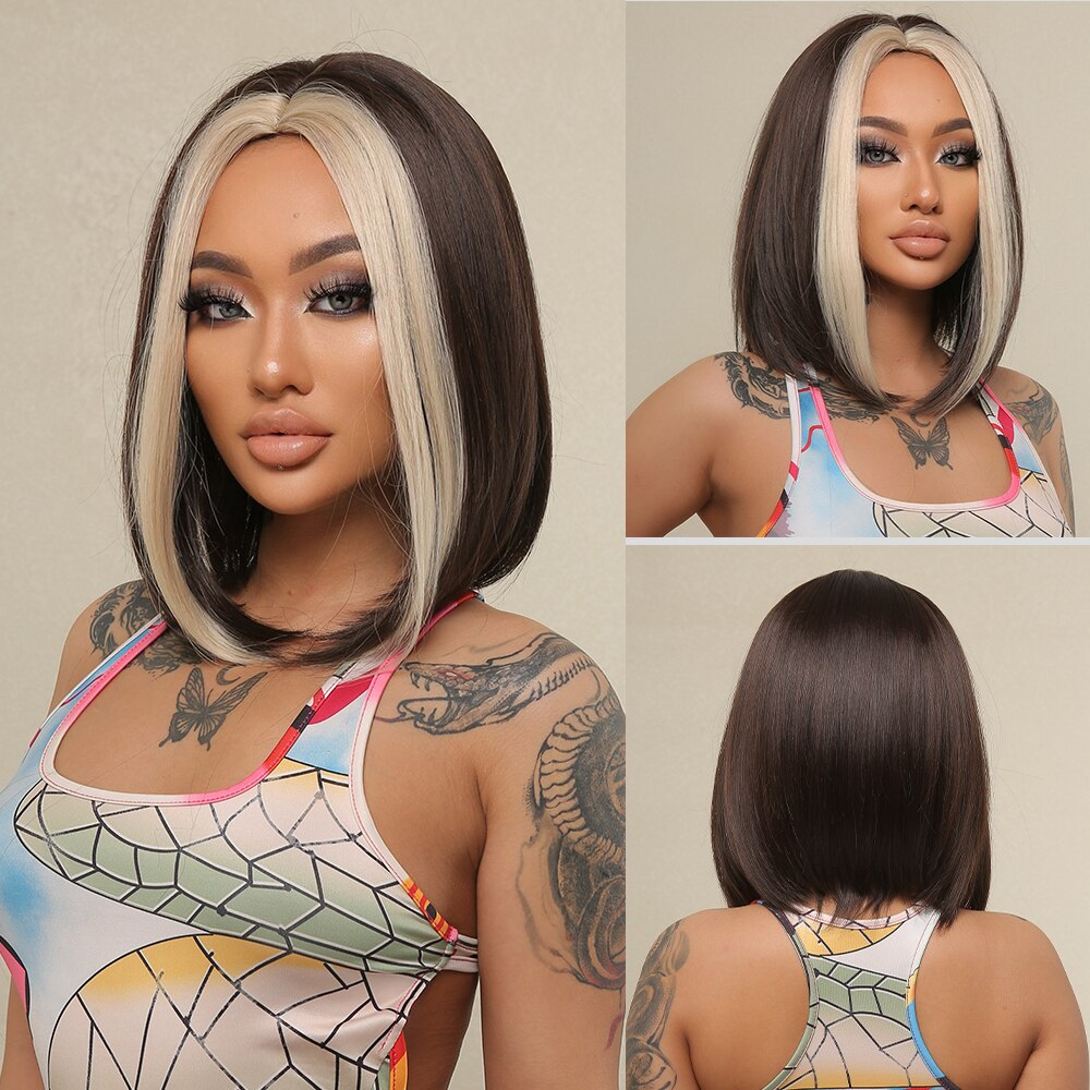 Orange Ombre Brown Short Straight Synthetic Wigs with Bangs