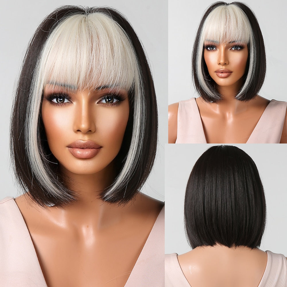 Orange Ombre Brown Short Straight Synthetic Wigs with Bangs