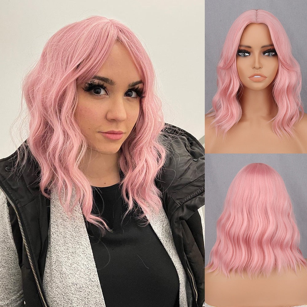 Blonde Wavy Medium Synthetic Wig Women's Bangs Pink Black Wig