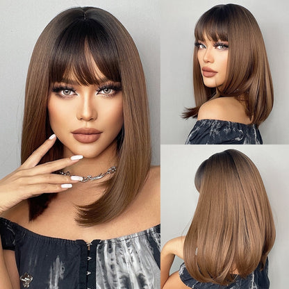 Golden Brown Short Straight Bob Synthetic Wigs with Bangs