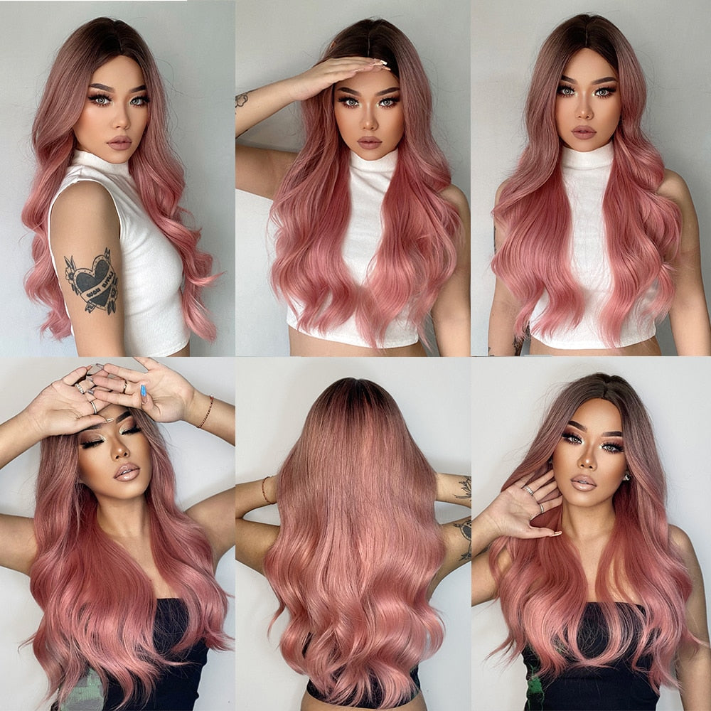 Long Wavy Pink Ombre Synthetic Wigs