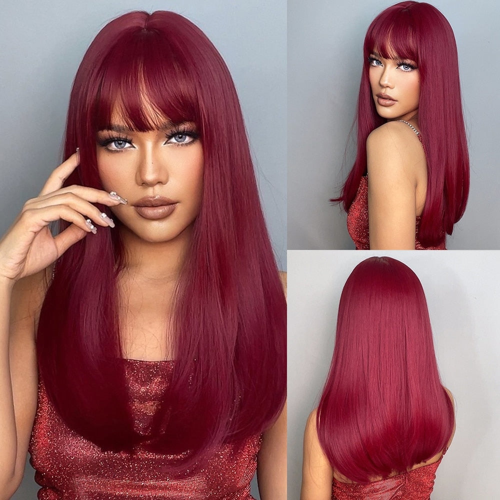 Light Wine Red Long Straight Hair Synthetic Wigs With Bangs