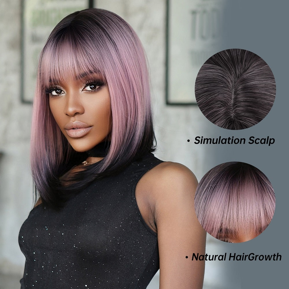 Purple Pink Ombre Black Short Straight Synthetic Wigs with Bangs Bob