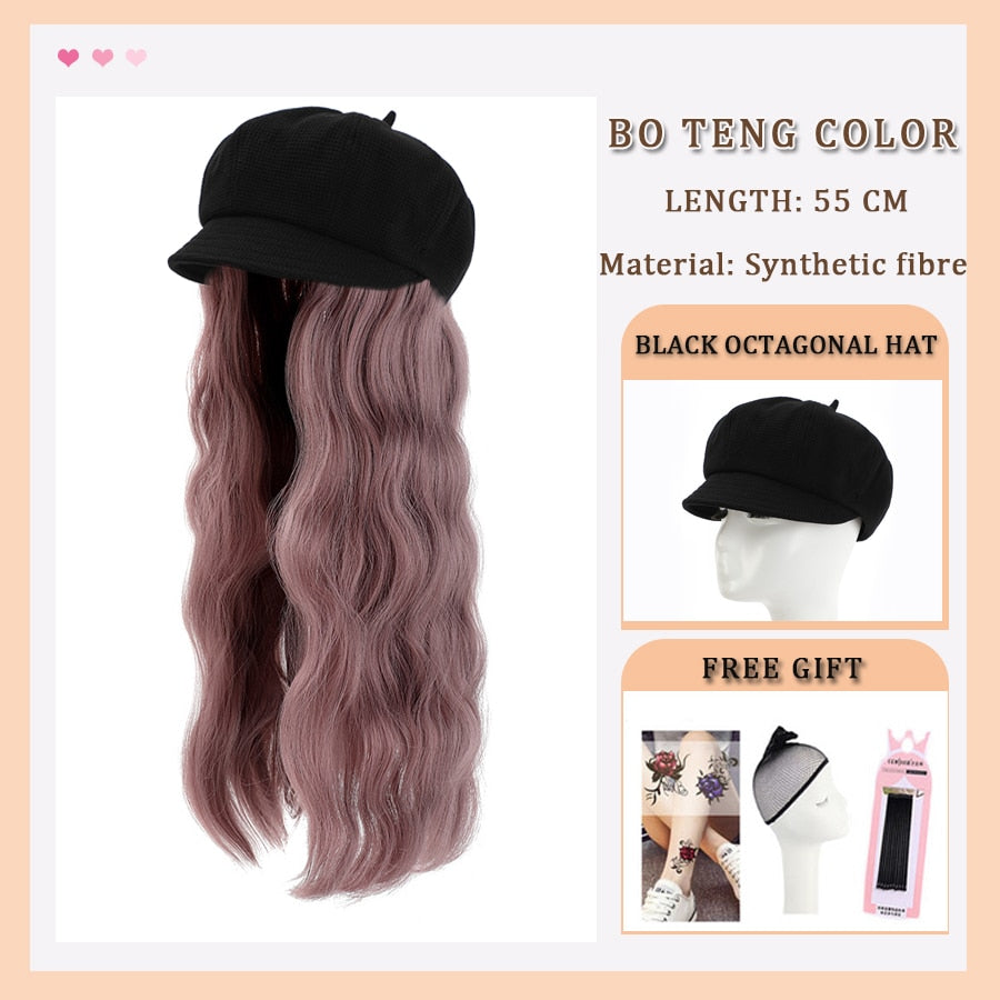 Black White Baseball Cap with Wig Long Straight Hair Curly Hair Hat Wig