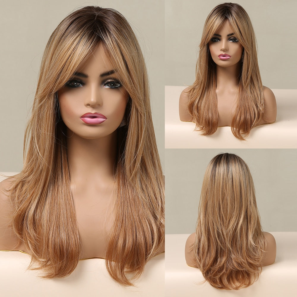 Pink Brown Ombre Straight Medium Lenght Synthetic Wigs