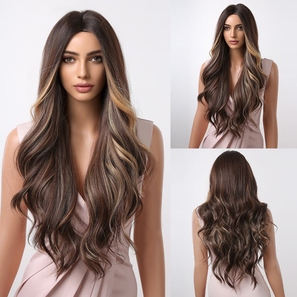 Brunette Long Wavy Brown Synthetic Wig