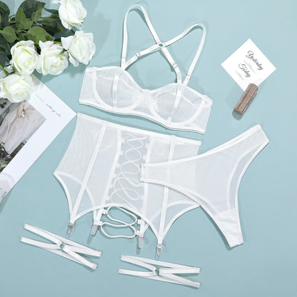 3-Piece Back Open Lingerie Set Lace Up Bandage Exotic Sets Mesh Transparent Femme Lingerie Fancy Kit