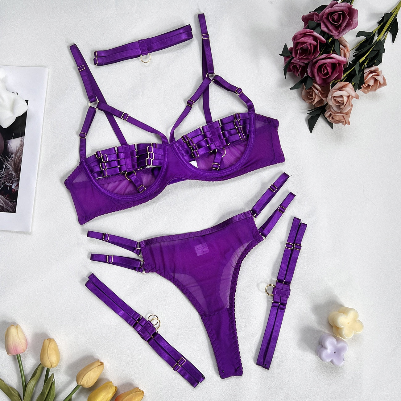 4-Piece Bandage Erotic Set Women Choker Cut Out Solid Vintage Purple Sexy Lingerie Set Breif Kit
