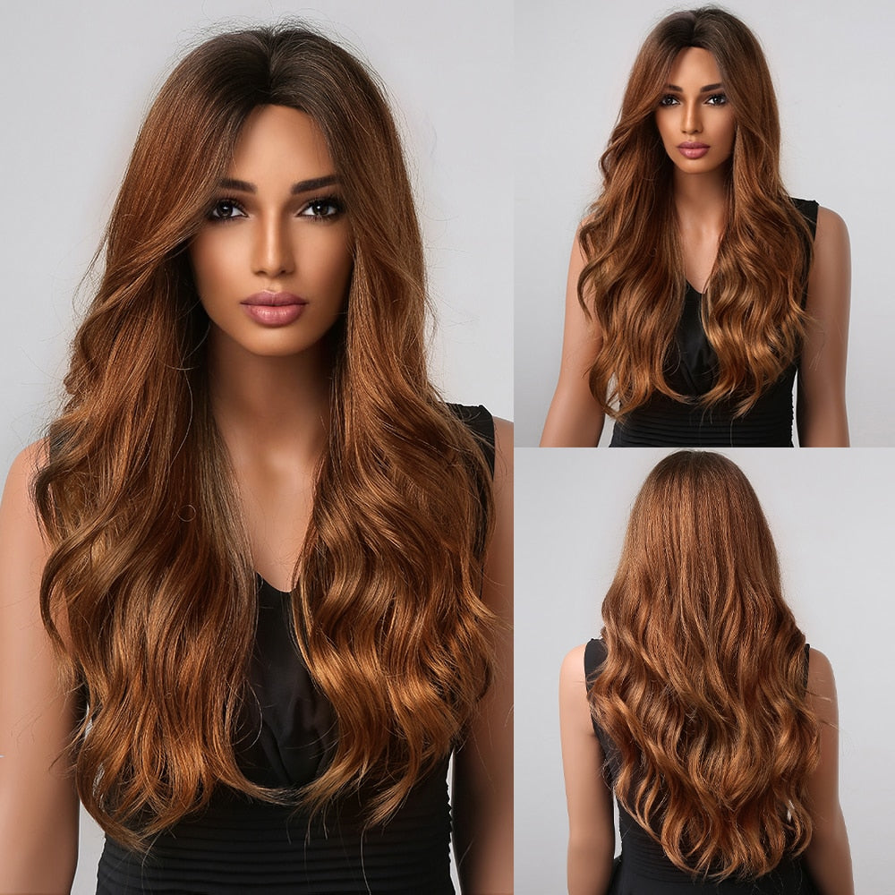 Brown Long Curly Wavy Synthetic Wigs with Blonde Highlights