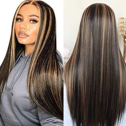 Light Brown Blonde Highlight Long Straight Lace Front Synthetic Wig Synthetic