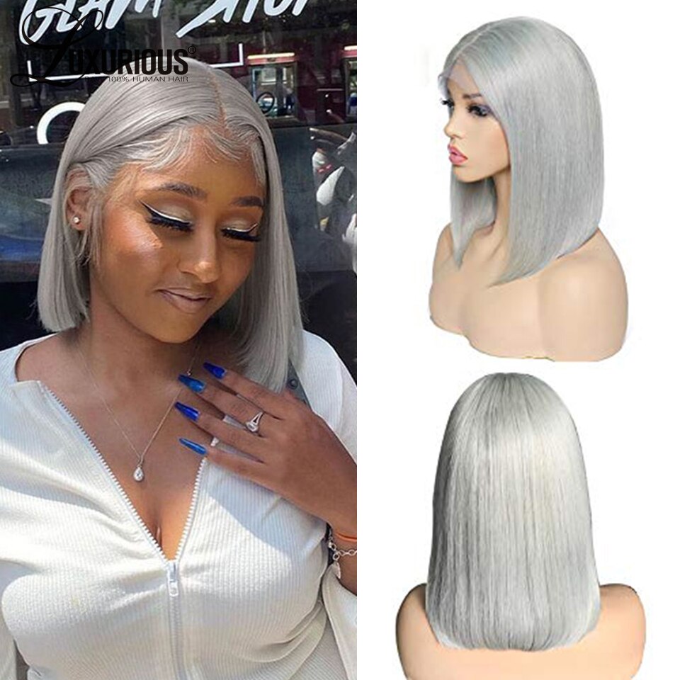 Silver Grey Short Bob Human Hair Wigs Lace Frontal Wig