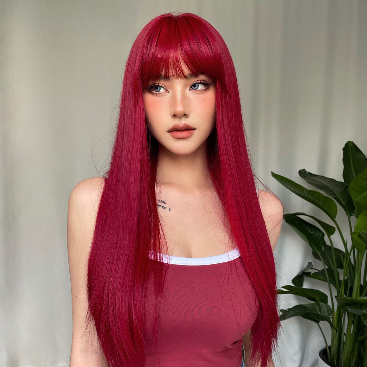 Light Wine Red Long Straight Hair Synthetic Wigs With Bangs