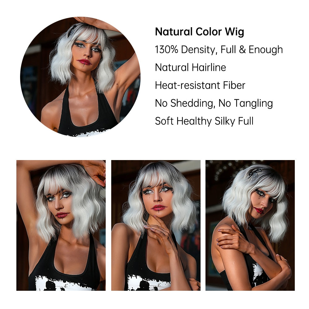 Platinum Blonde Ombre Short Body Wave Wavy Wig with Bangs