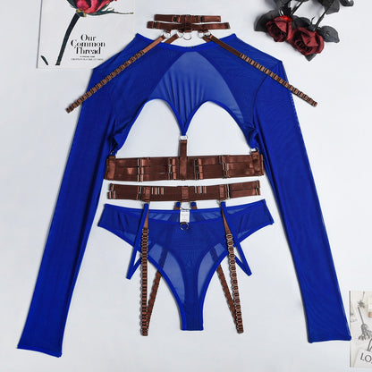 4-Piece Gothic Lingerie Set Women 11 Colors Backless Fancy Black Halter Mesh Bandage Exotic Sets