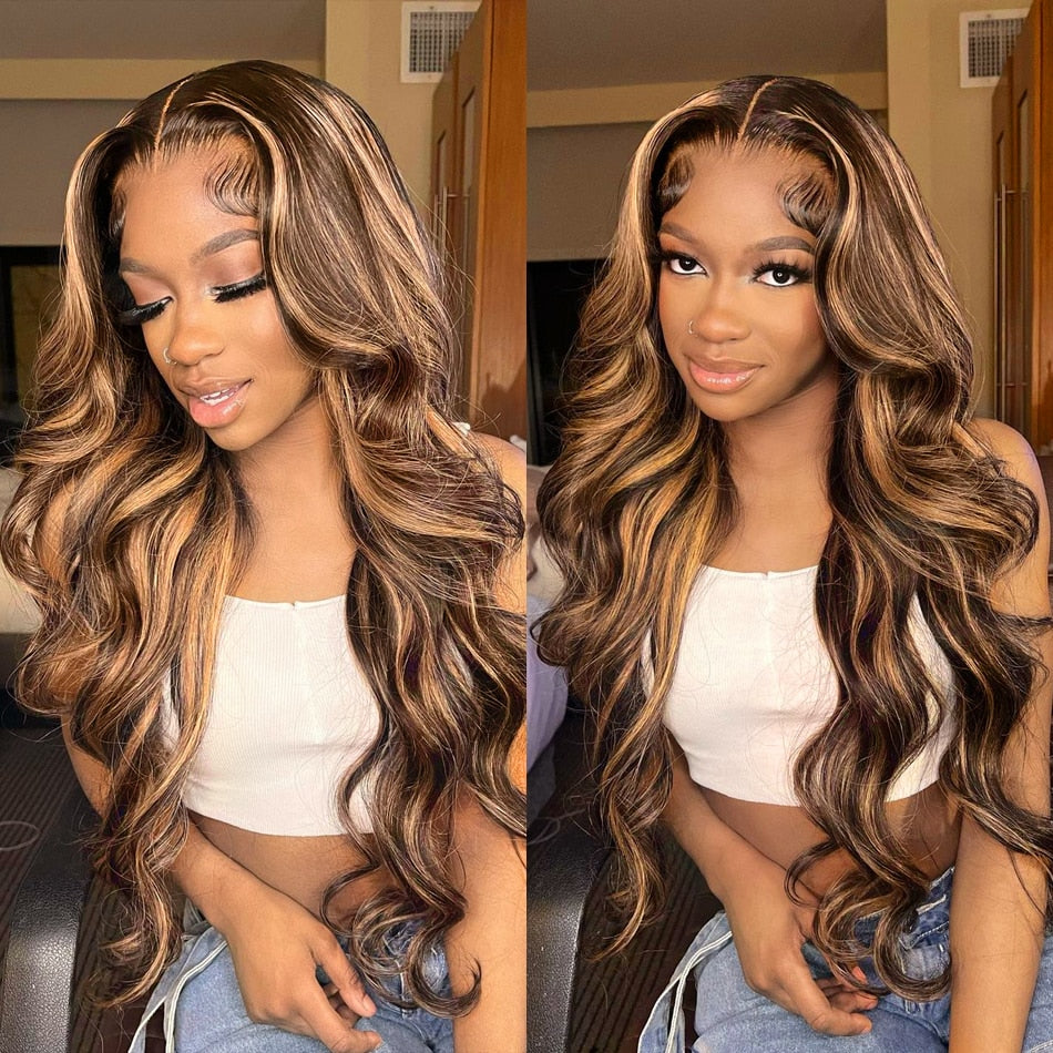 Honey Blonde Highlight Human Hair Wig 13x4 Lace Frontal Wig Body Wave Lace Front Wig