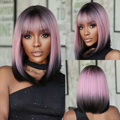 Purple Pink Ombre Black Short Straight Synthetic Wigs with Bangs Bob