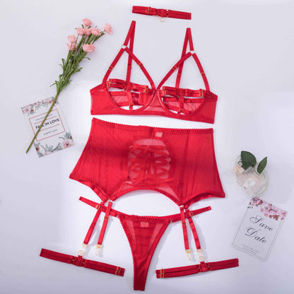 5-Piece Bandage Lingerie Set Women Red Exotic Set Fancy Transparent Mesh Sexy Garter Kit