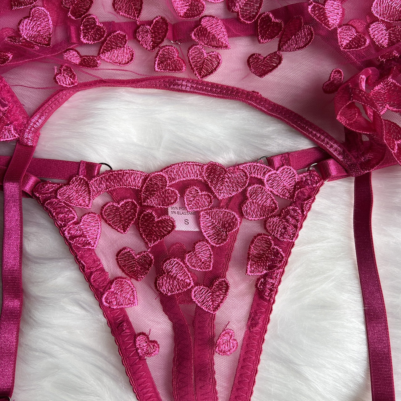 4-Piece Heart Embroidery Sexy Lingerie Set Ruched Garter Belt Erotic Lingerie