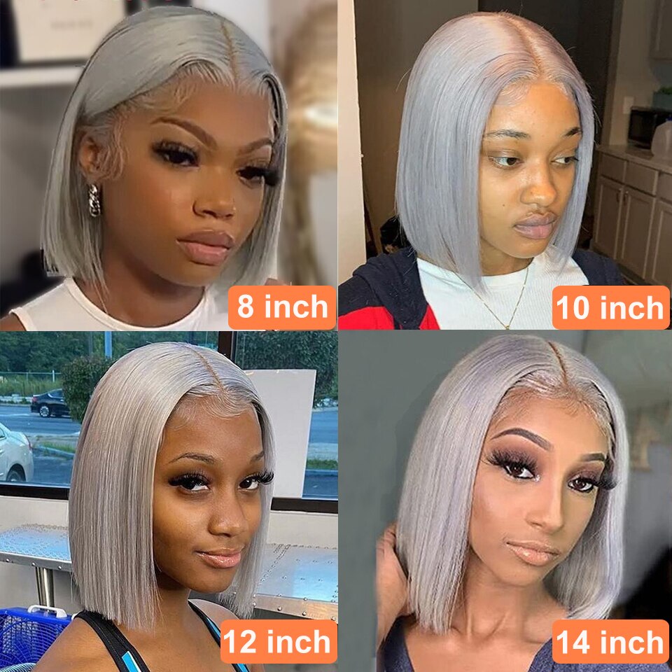 Silver Grey Short Bob Human Hair Wigs Lace Frontal Wig