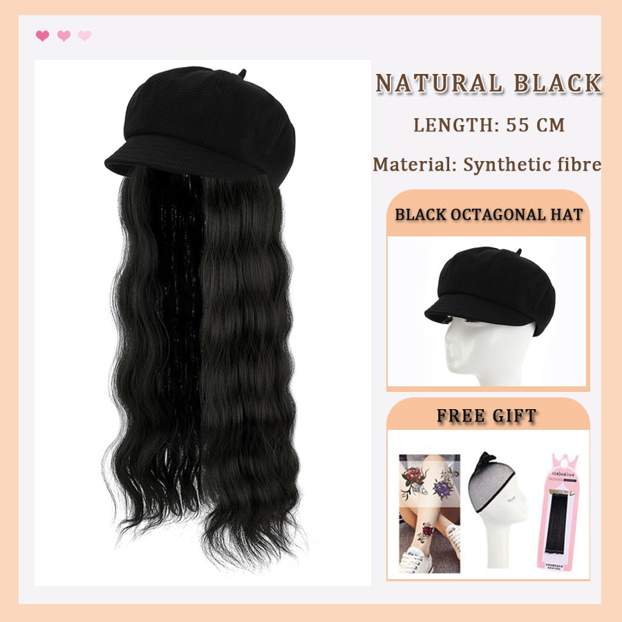 Black White Baseball Cap with Wig Long Straight Hair Curly Hair Hat Wig