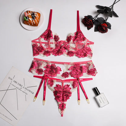 3-Piece Embroidery Lace Bra Set Women Floral Bra Underwire + Thong Underwear Set Sexy Lingerie Set