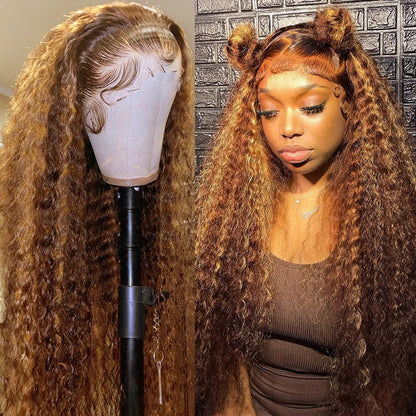 30 34 Inch Honey Blonde Highlight Ombre Lace Front Wig Curly Human Hair Wigs Deep Wave Frontal Wigs
