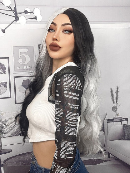 Long Wavy Ombre Black White Synthetic Wigs