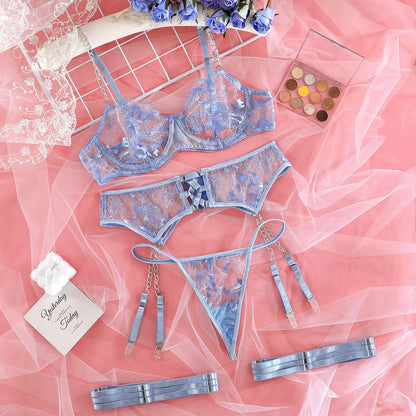 3-Piece Embroidery Lingerie Set Women 4 Colors Transprent Exotic Sets Chain Sexy Garter G-string Kit