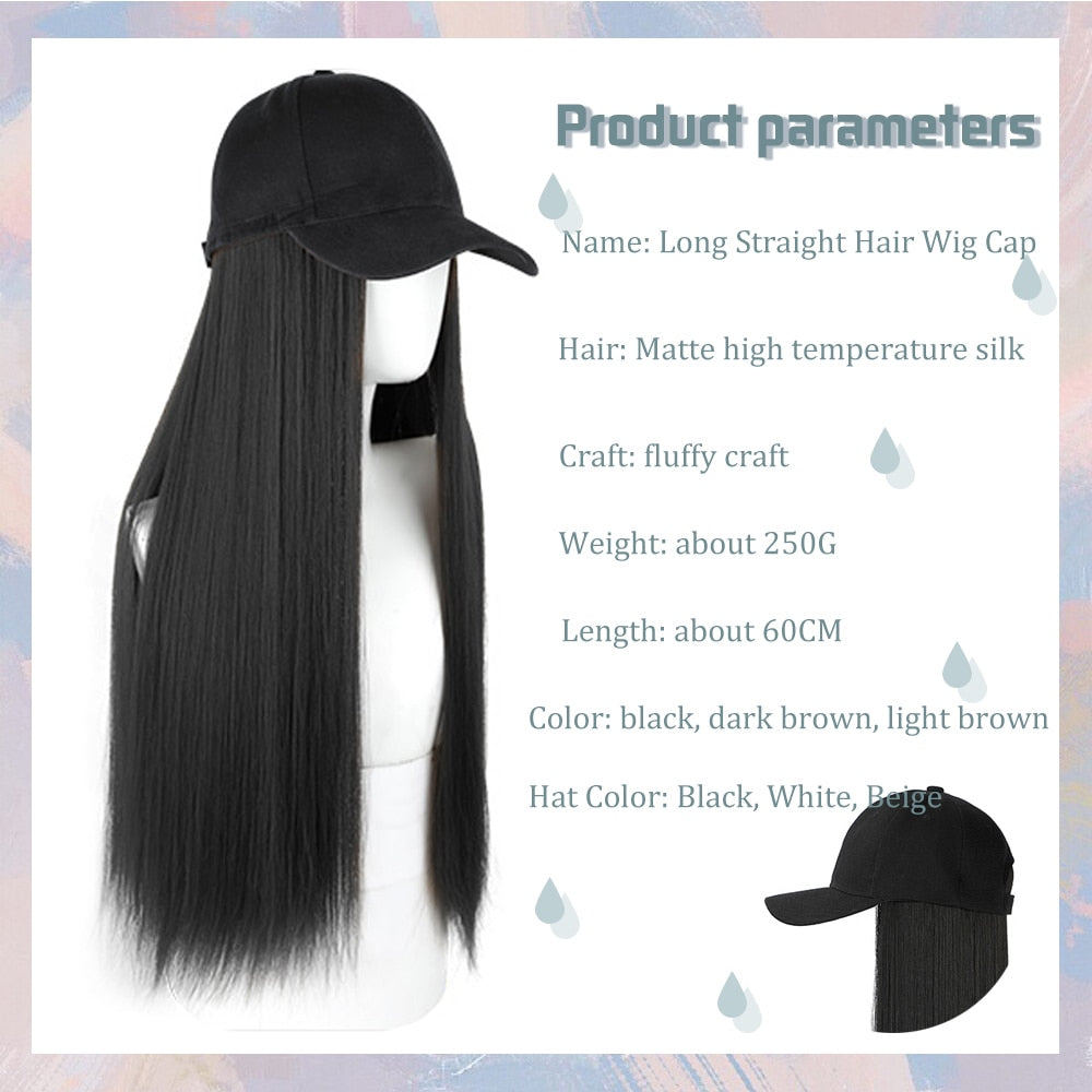 Black White Baseball Cap with Wig Long Straight Hair Curly Hair Hat Wig