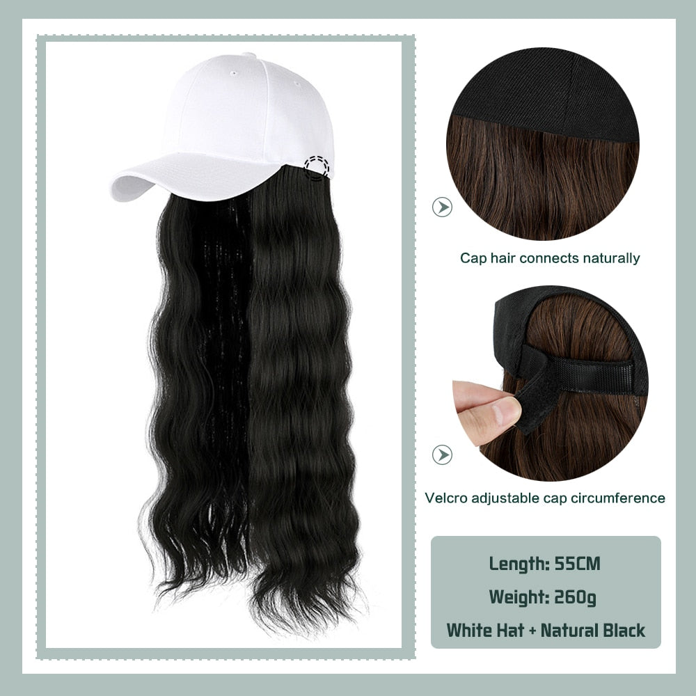 Black White Baseball Cap with Wig Long Straight Hair Curly Hair Hat Wig