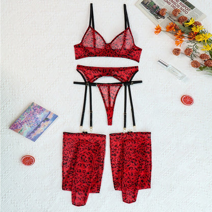4-Piece Leopard Mesh Lingerie Set Women Sexy Thong Underwear Set Red Garter Exotic Set with Stockings