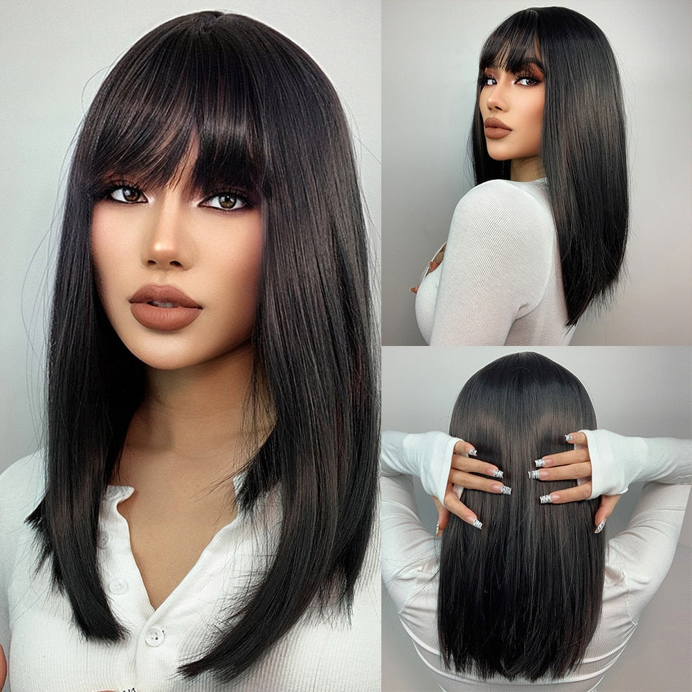 Purple Pink Ombre Black Short Straight Synthetic Wigs with Bangs Bob