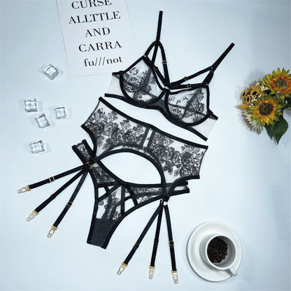 3-Piece Transparent Lace Bra Set Women Bandage Sexy Lingerie Set Ladies Flroal Black Underwear Set