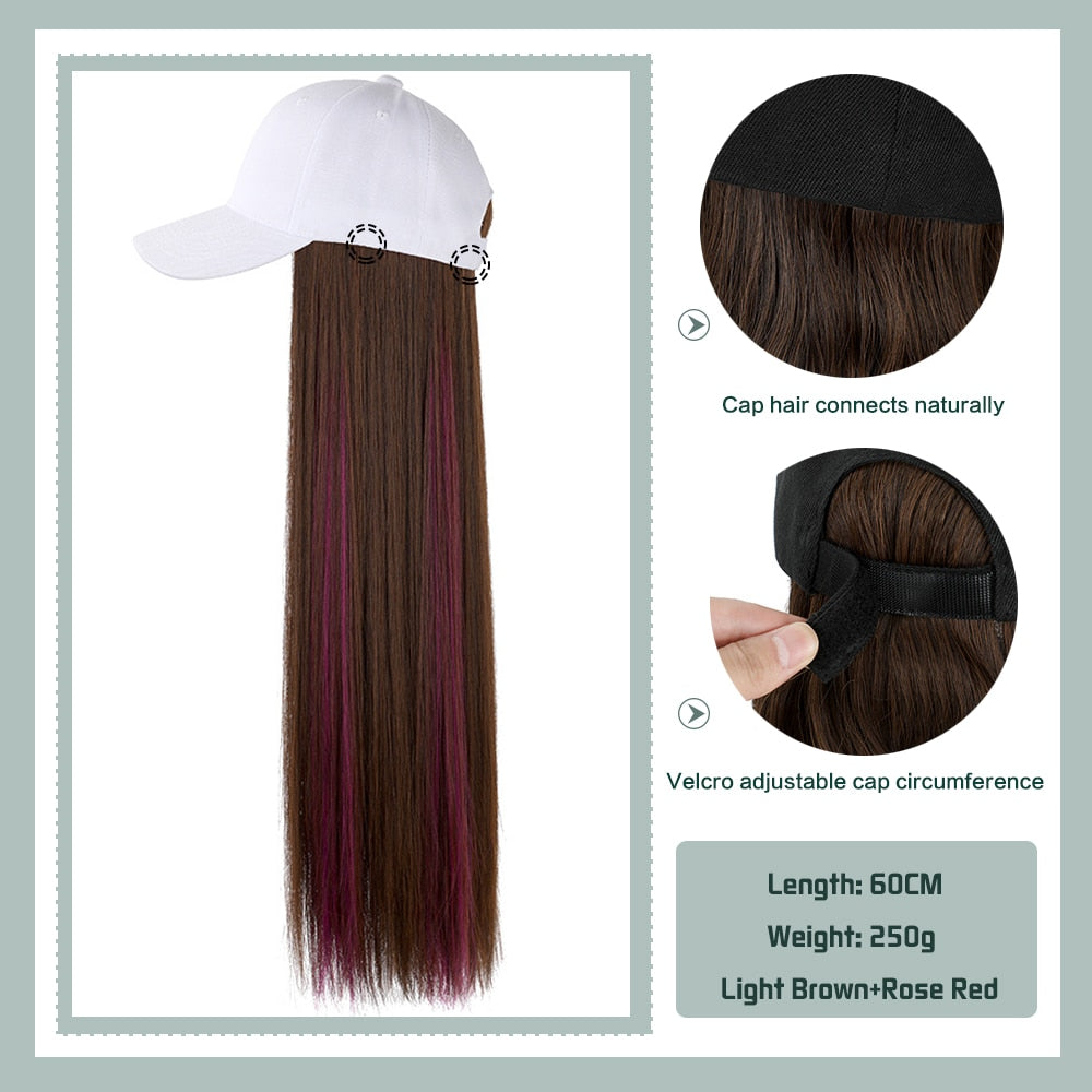 Black White Baseball Cap with Wig Long Straight Hair Curly Hair Hat Wig