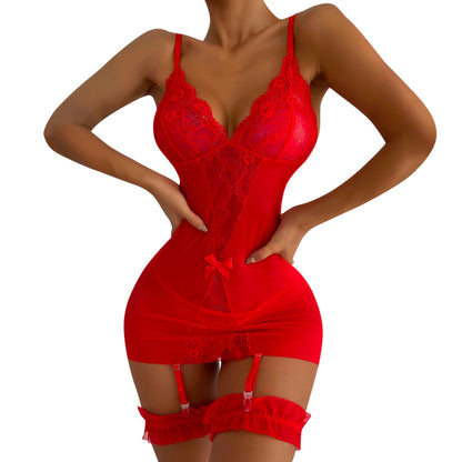 Sexy Transparent Underwear Women Erotic Lingerie Sexy Floral Lace V-neck Bodycon Dress With Thong Garters Set Babydoll Costumes