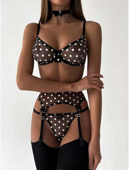 Dot Mesh Lingerie Set Women 4-Piece Fashion Choker Erotic Set Transparent Sexy Garter Brief Kit