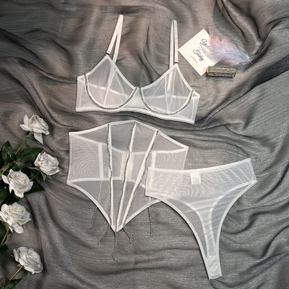 3-Piece Mesh Lingerie Set Women Transparent Sexy Erotic Set Rhinestone Gothic Brief Underwear Set