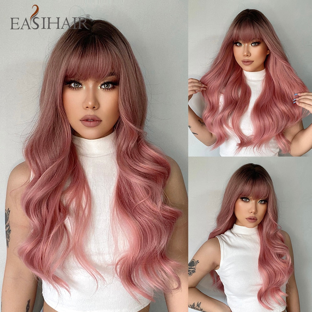 Long Wavy Pink Ombre Synthetic Wigs