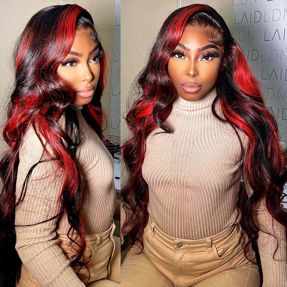 Dark Brown with Light Brown Highlight Body WaveLong Synthetic Lace Frontal Wigs