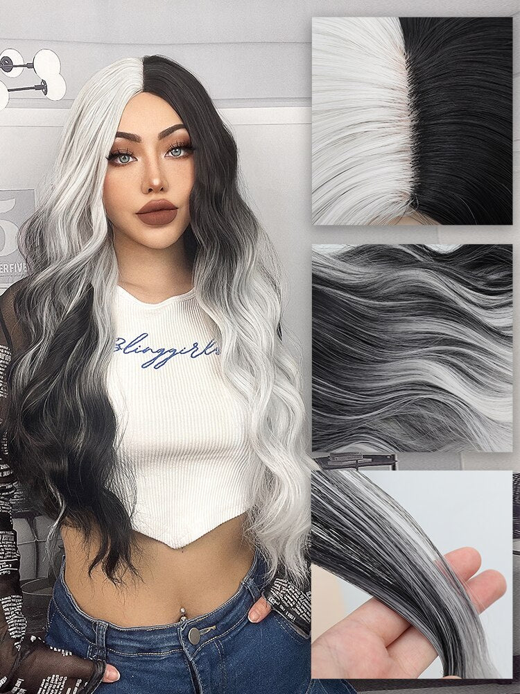 Long Wavy Ombre Black White Synthetic Wigs