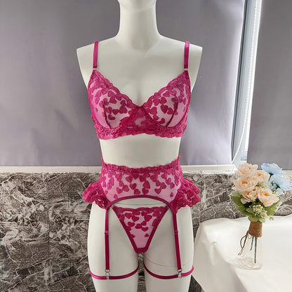 4-Piece Heart Embroidery Sexy Lingerie Set Ruched Garter Belt Erotic Lingerie