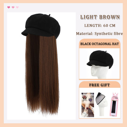 Black White Baseball Cap with Wig Long Straight Hair Curly Hair Hat Wig