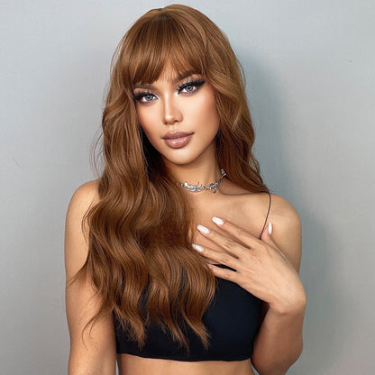 Long Wavy Ginger Brown Synthetic Wigs with Bangs