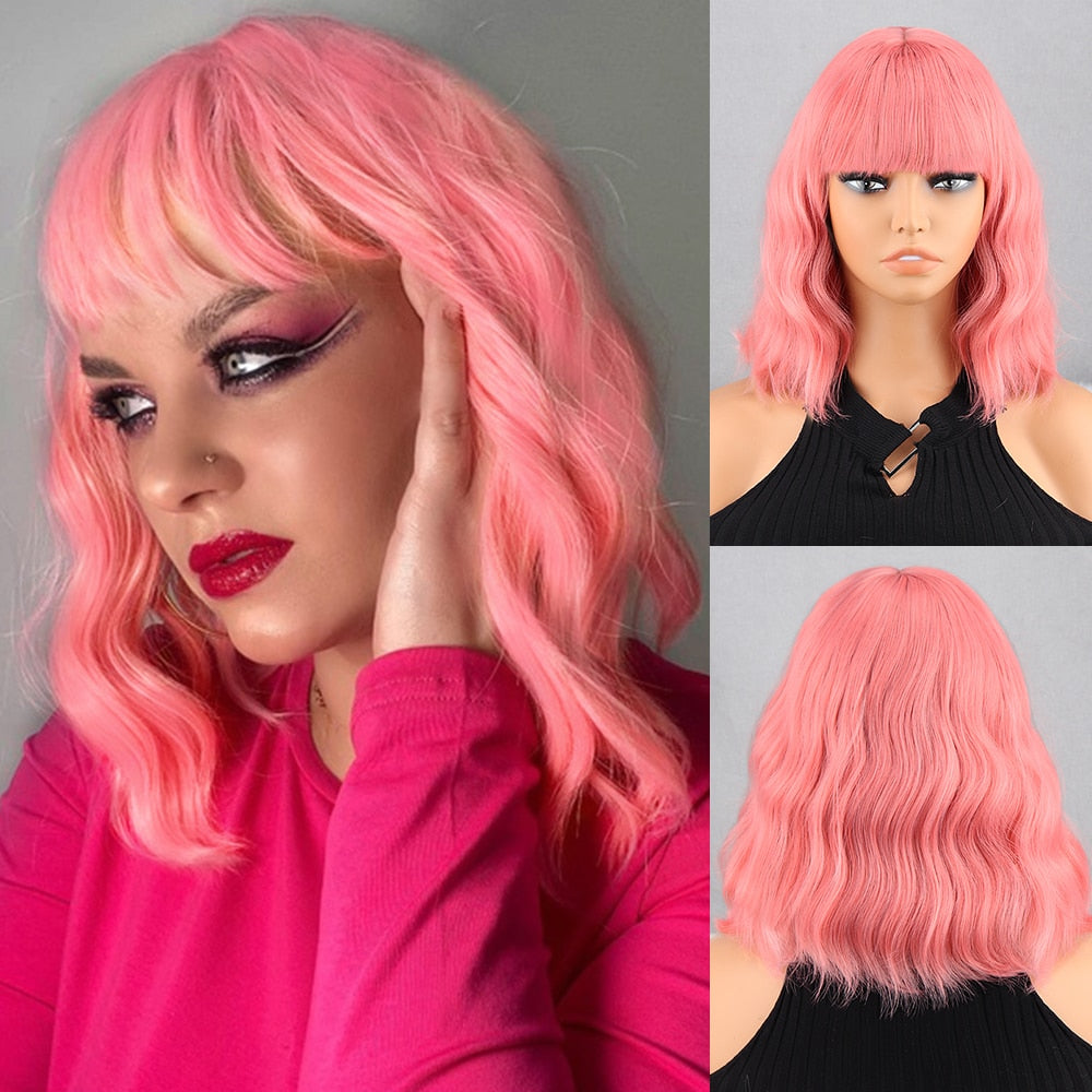 Blonde Wavy Medium Synthetic Wig Women's Bangs Pink Black Wig