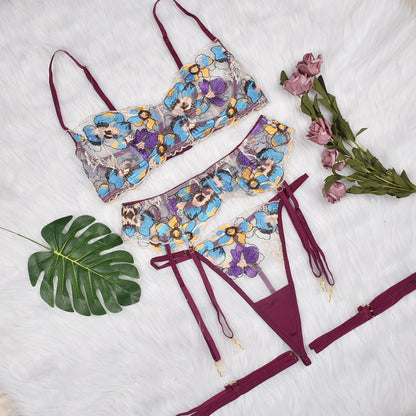 Floral Embroidery Transparent Erotic Set Women 4-Piece Transparent Underwear Set Vintage Garter Thong Kit