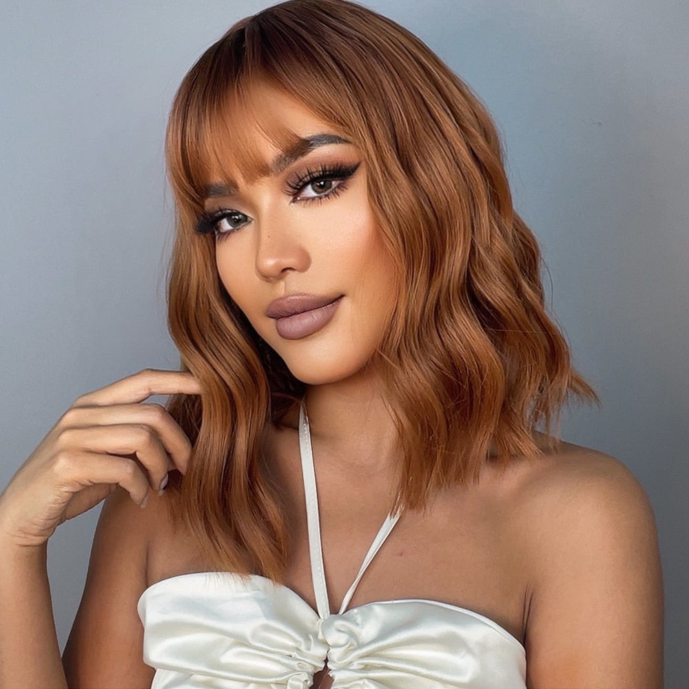 Red Copper Ginger Synthetic Wigs with Bangs Medium Length
